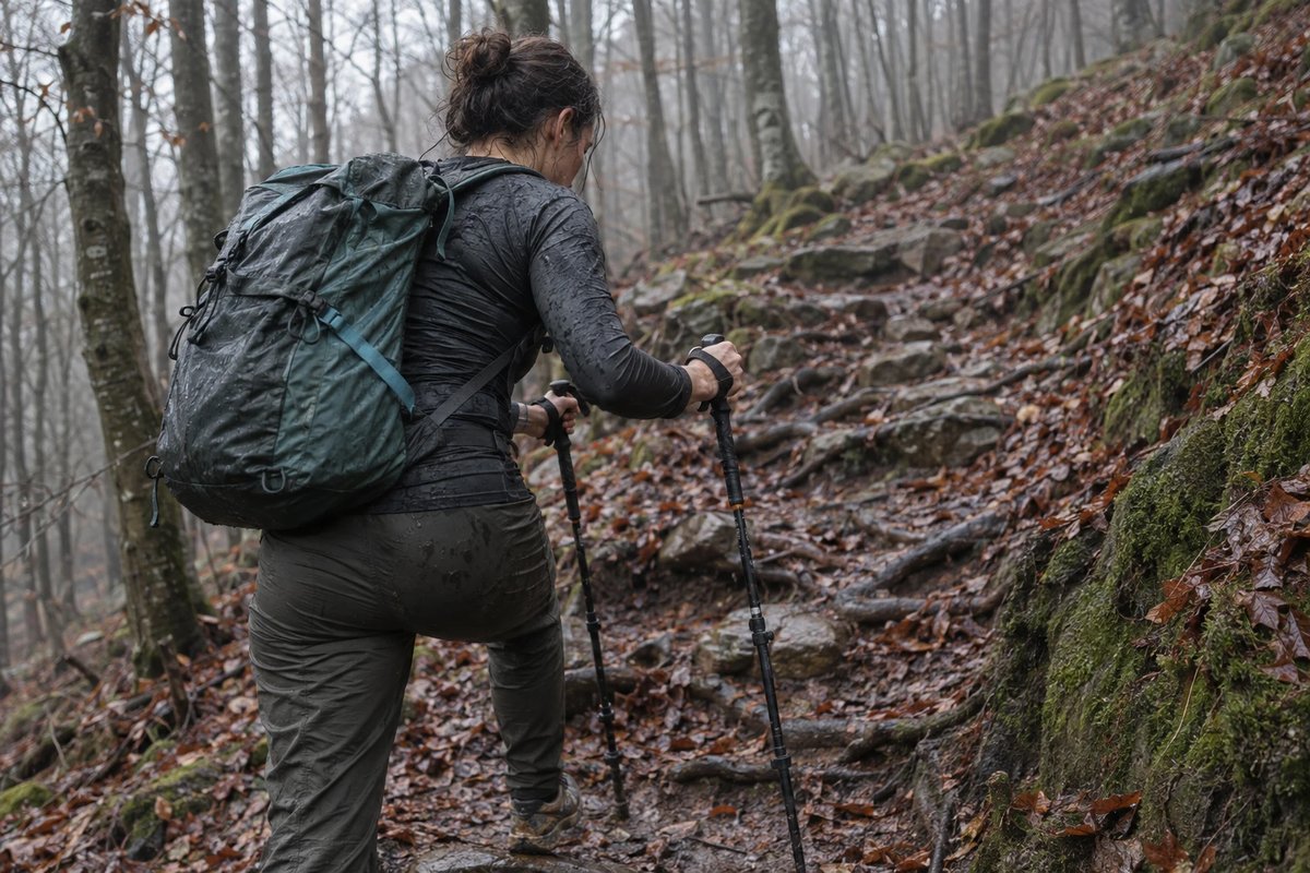 Läuferin mit Rucksack und zwei Trailstöcken steigt im Regen eine steile, wurzeldurchzogene Waldkehre hinauf, von hinten über ihre Schulter fotografiert