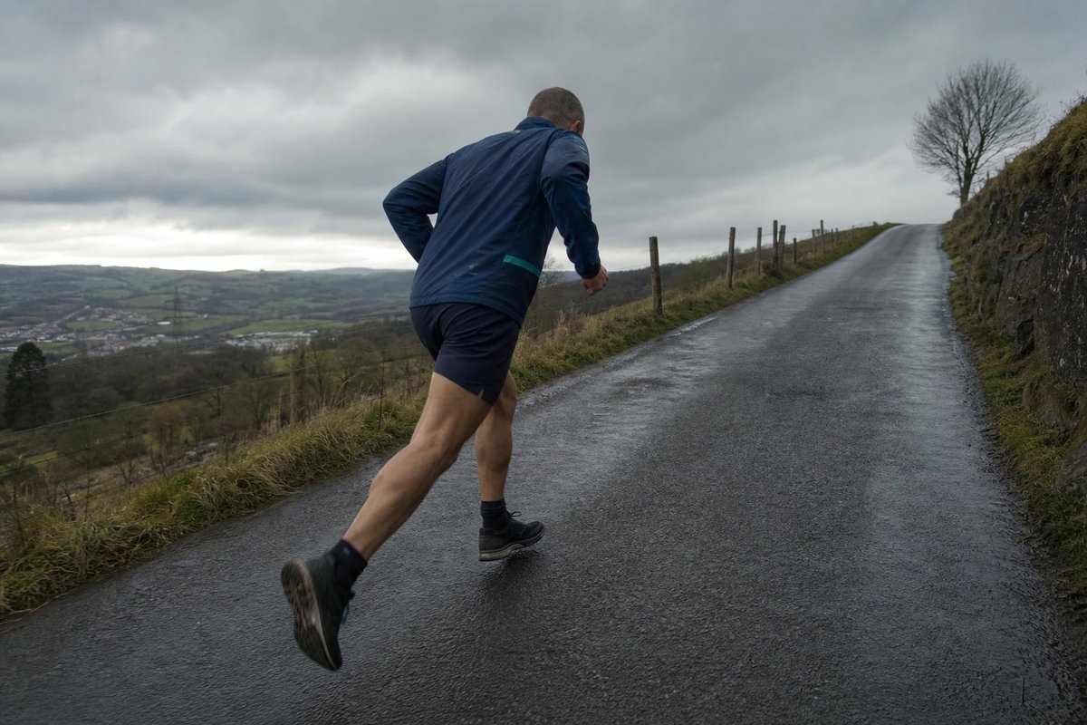Läufer läuft eine steile Asphaltstraße bergauf, das hintere Bein gestreckt und die Hüfte am vorderen Bein tief gebeugt, eine Position mit hoher Last auf den Hamstrings am Sitzbein
