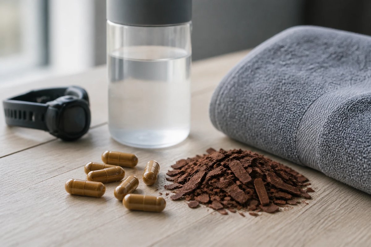 Markenneutrale braune Kapseln neben einem kleinen Haufen rötlich-brauner Pinienrinde, dazu ein Glas Wasser, eine Sportuhr und ein graues Handtuch auf hellem Holz, ruhige Aufnahme ohne Verpackung oder Etikett