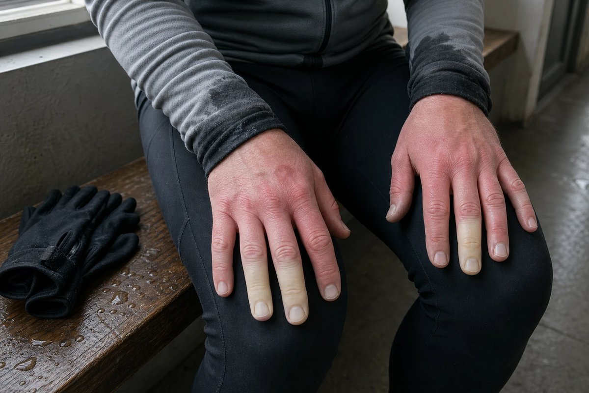 Hände eines Radfahrers nach einer Winterausfahrt auf den Oberschenkeln, zwei Finger der rechten und ein Finger der linken Hand sind scharf abgegrenzt weiß