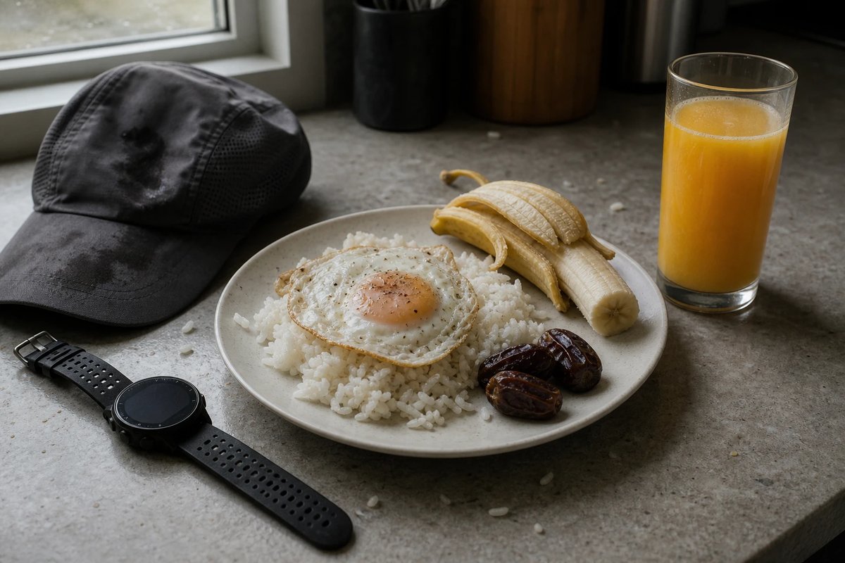 Küchentheke nach dem Training mit einem Teller Reis und Spiegelei, einer geschälten Banane, Datteln und einem Glas Orangensaft, daneben eine verschwitzte Kappe und eine GPS-Uhr