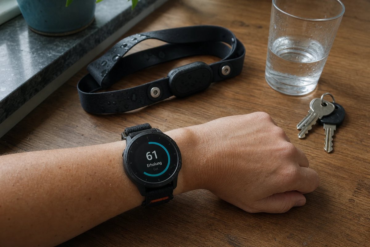 Eine Sport-Smartwatch am Handgelenk auf einem Holztisch zeigt einen Erholungsring mit der Zahl 61, daneben liegt ein aufgerollter Brustgurt-Herzfrequenzsensor neben einem Glas Wasser im Morgenlicht