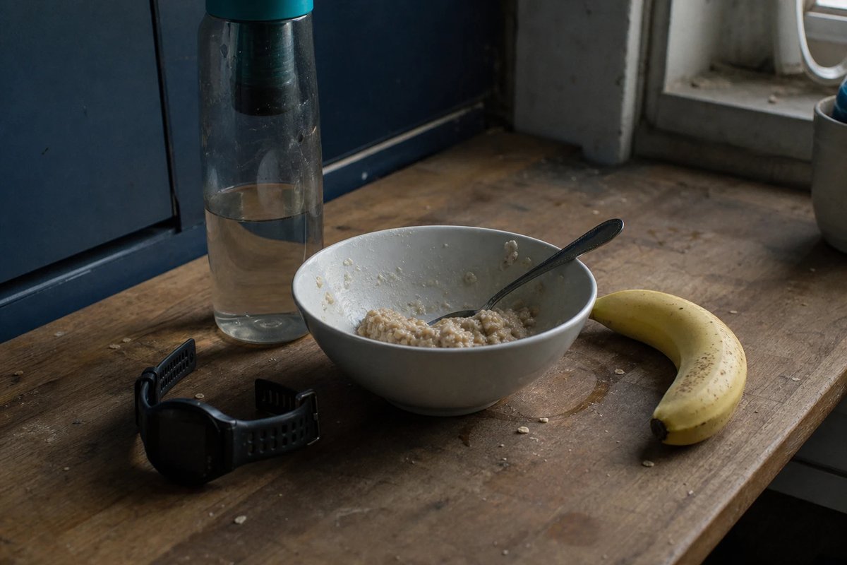 Ein karges Frühstück auf einer abgenutzten Holztheke vor dem Training: eine halb gegessene Schale Haferflocken, eine Banane, eine Wasserflasche und eine GPS-Uhr bei weichem Fensterlicht