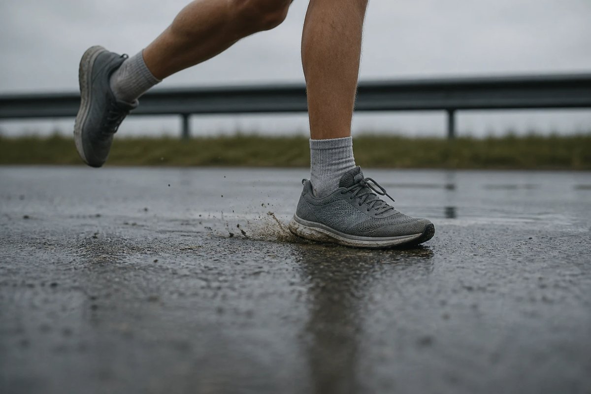 Nahaufnahme von Laufschuhen, die auf nassem Asphalt aufsetzen, mit sichtbarem Aufprall und kleinem Spritzer beim Bodenkontakt