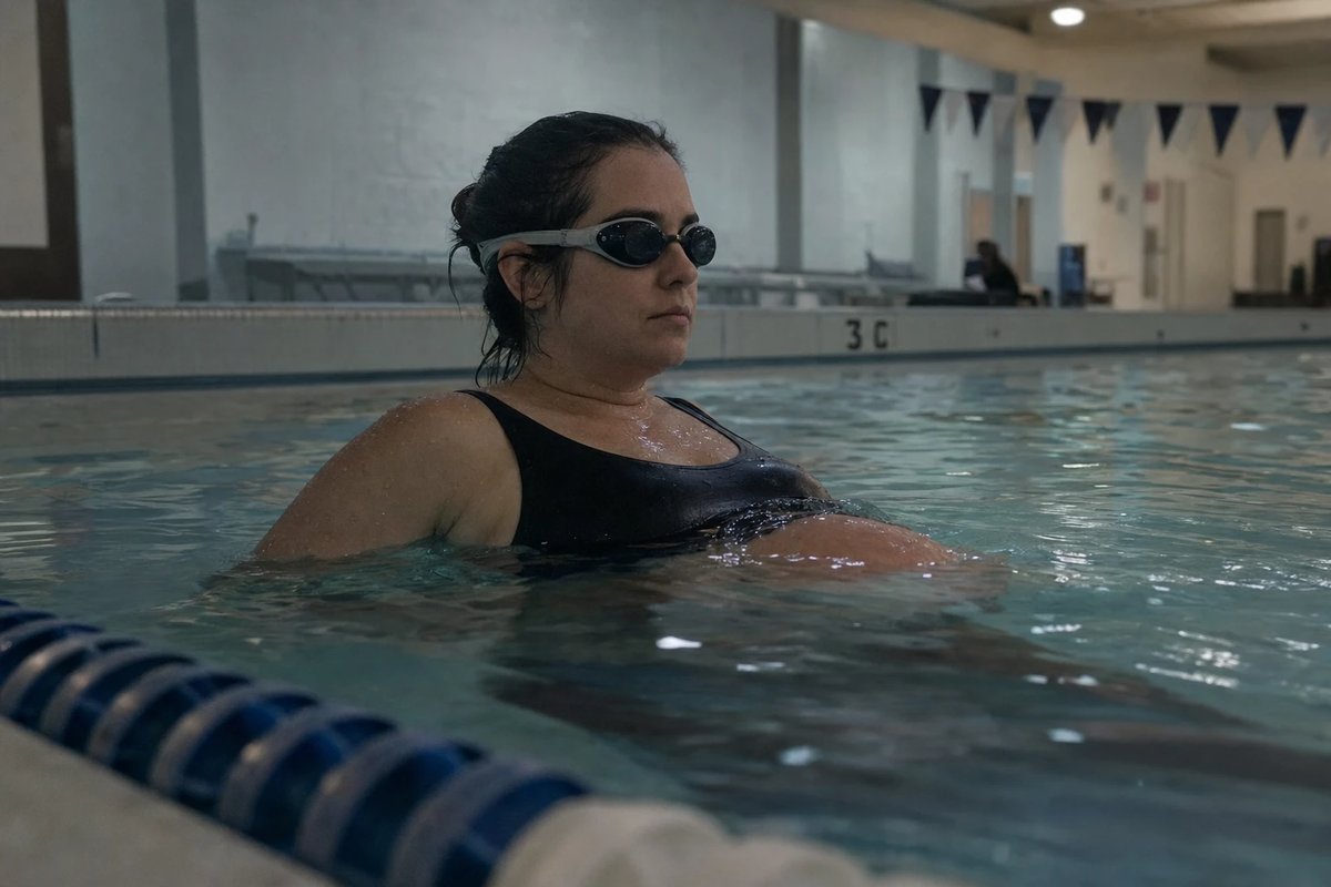 Eine schwangere Frau mit Schwimmbrille schwimmt ruhige Bahnen in einem Hallenbad, der Bauch teils über der Wasseroberfläche, Leinen im Vordergrund