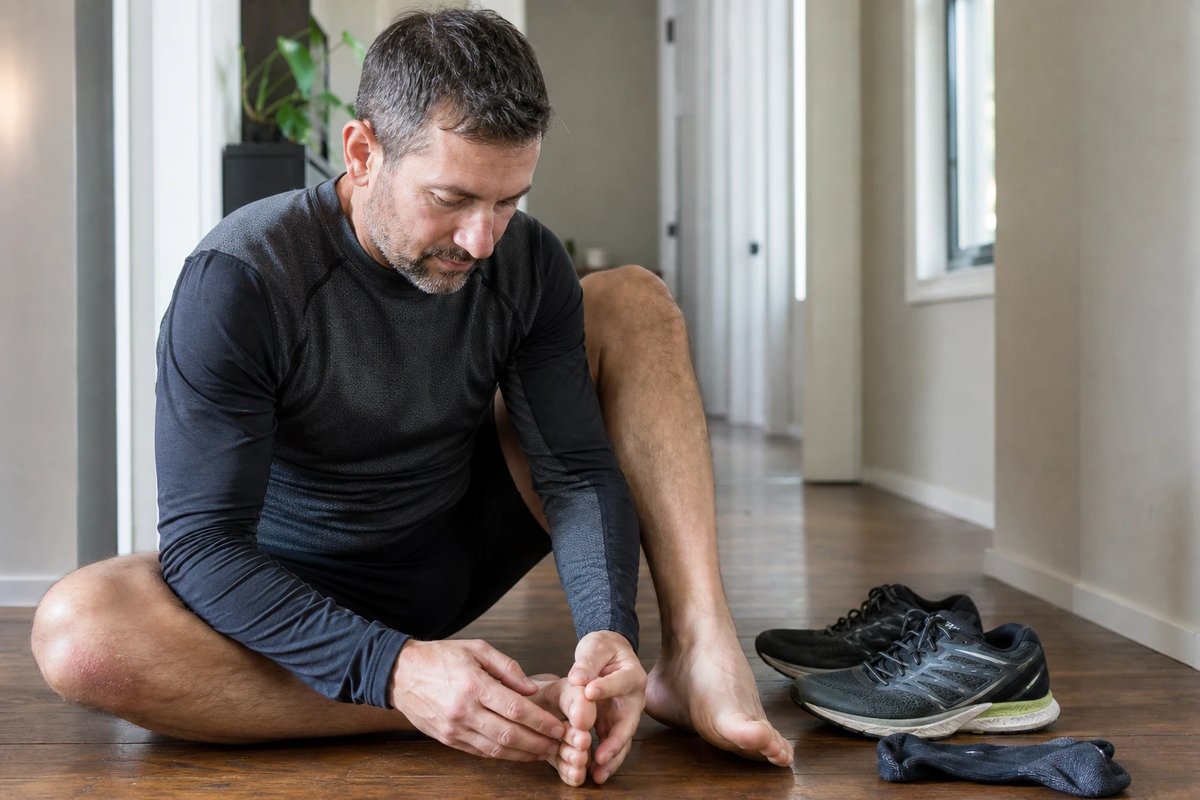 Läufer sitzt nach dem Lauf zu Hause auf dem Boden und inspiziert aufmerksam seinen nackten Vorfuß und die Zehen, daneben Laufschuh und Socke