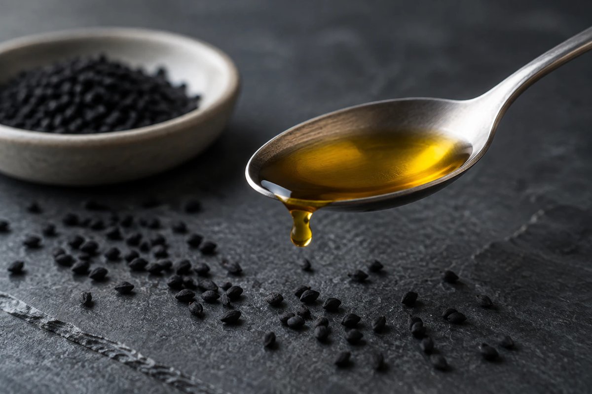 Ein Teelöffel mit goldgelbem Schwarzkümmelöl über einer dunklen Schieferplatte, ein Tropfen löst sich gerade, daneben verstreute schwarze Nigella-Samen und eine helle Keramikschale ohne Etikett