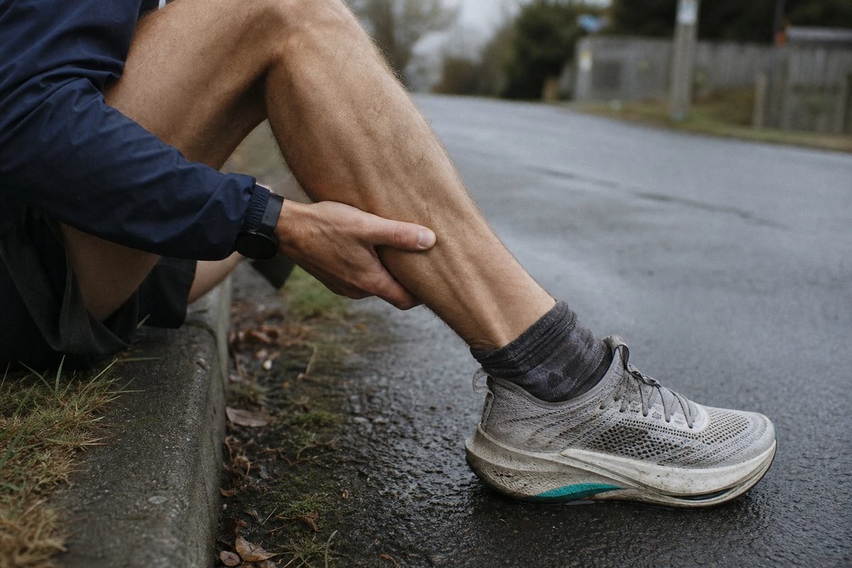 Läufer sitzt nach dem Lauf am Bordstein und fasst sich an die untere Wade und Achillessehne, daneben ein abgenutzter Laufschuh auf nassem Asphalt