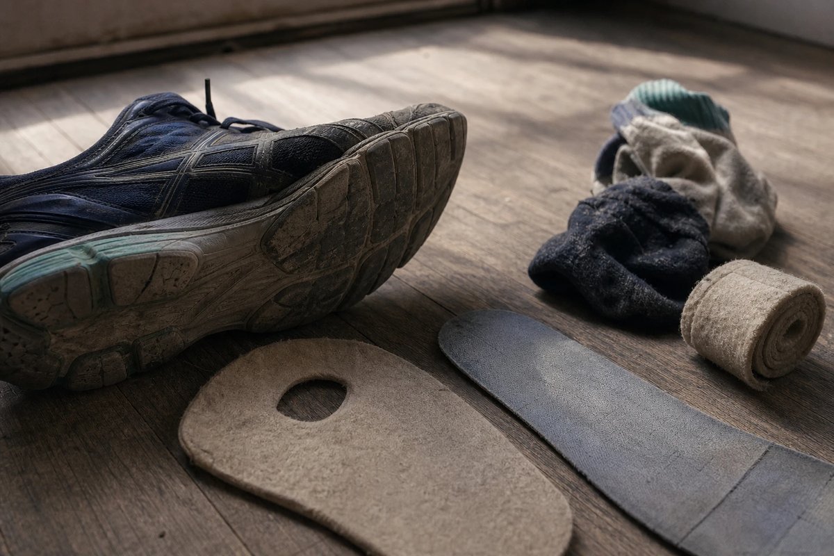 Ein abgelaufener Laufschuh liegt neben einem Filz-Offloading-Pad mit ausgeschnittenem Loch und einer flachen, steifen Einlage auf einem Holzboden, daneben eine Rolle Filzpolster, Werkzeuge der konservativen Sesamoiditis-Therapie