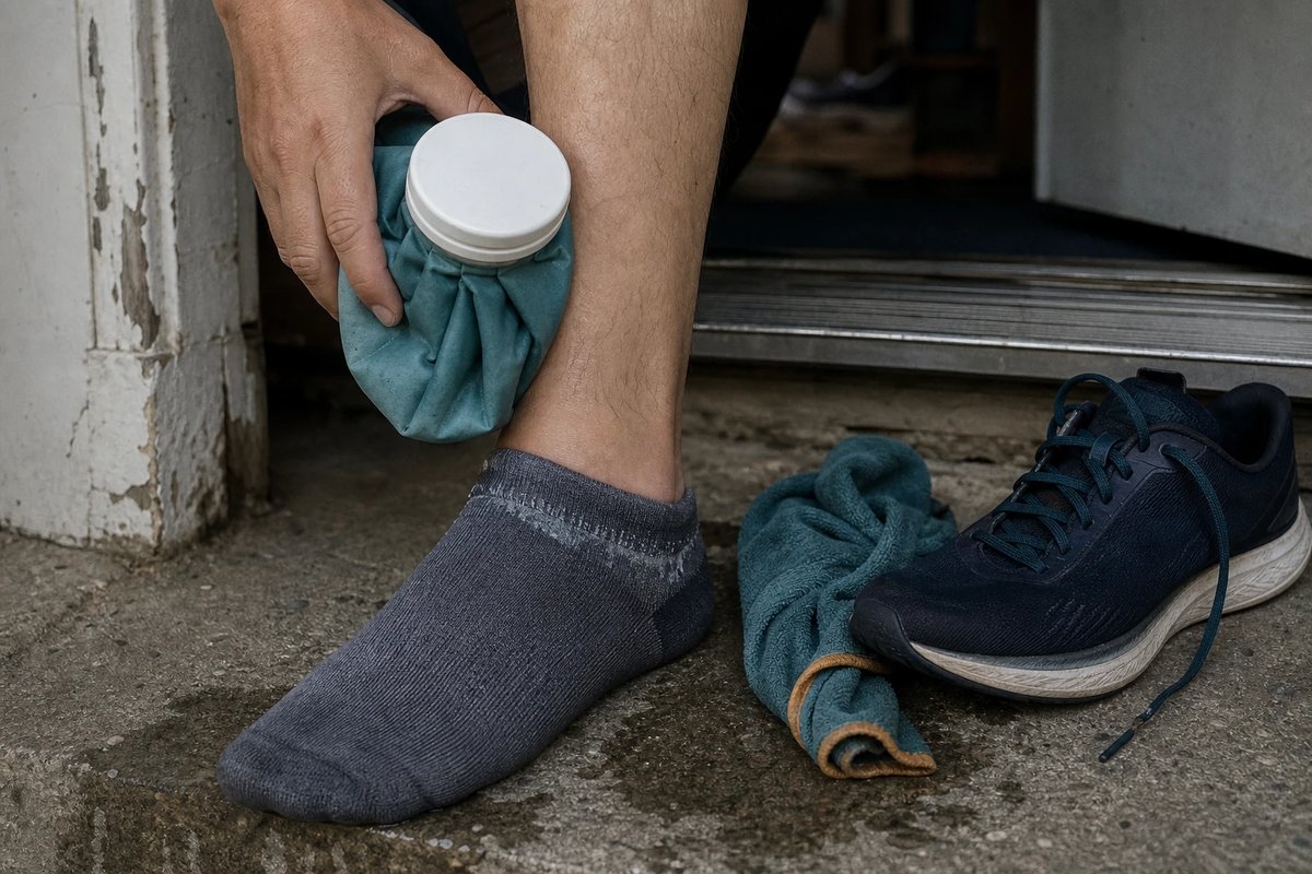 Läufer kühlt im Sitzen auf einer Türschwelle die innere Schienbeinkante mit einem schlichten Eisbeutel, daneben ein Laufschuh und ein feuchtes Handtuch