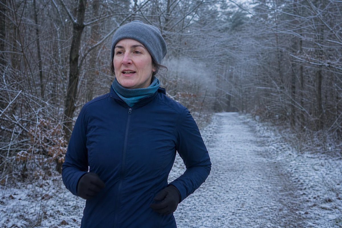 Eine Läuferin in den Dreißigern auf einem schneebedeckten Waldweg an einem kalten Wintermorgen, sichtbarer Atem, graue Mütze und dunkelblaue Laufjacke