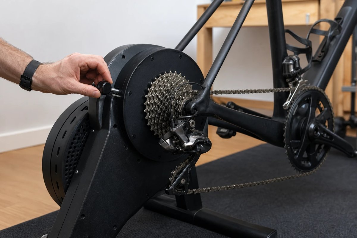 Rennrad ohne Hinterrad, direkt auf die Kassette eines Direktantrieb-Smarttrainers gesetzt, eine Hand justiert den Schnellspanner