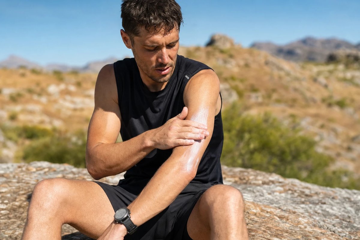 Trailrunner sitzt auf einem Felsen in der prallen Sonne und verteilt eine großzügige Schicht weiße Sonnencreme auf seinem Unterarm