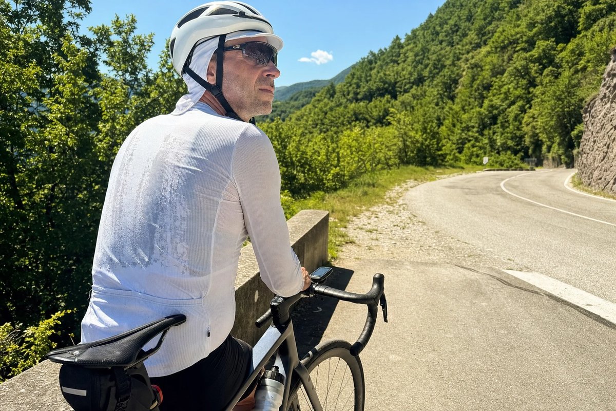 Rennradfahrer an einem sonnigen Anstieg trägt ein helles, langärmeliges UPF-Sommertrikot, eine Kappe mit kleinem Nackenschutz unter dem Helm und eine Sportsonnenbrille, Unterarme und Nacken sind vom Stoff bedeckt