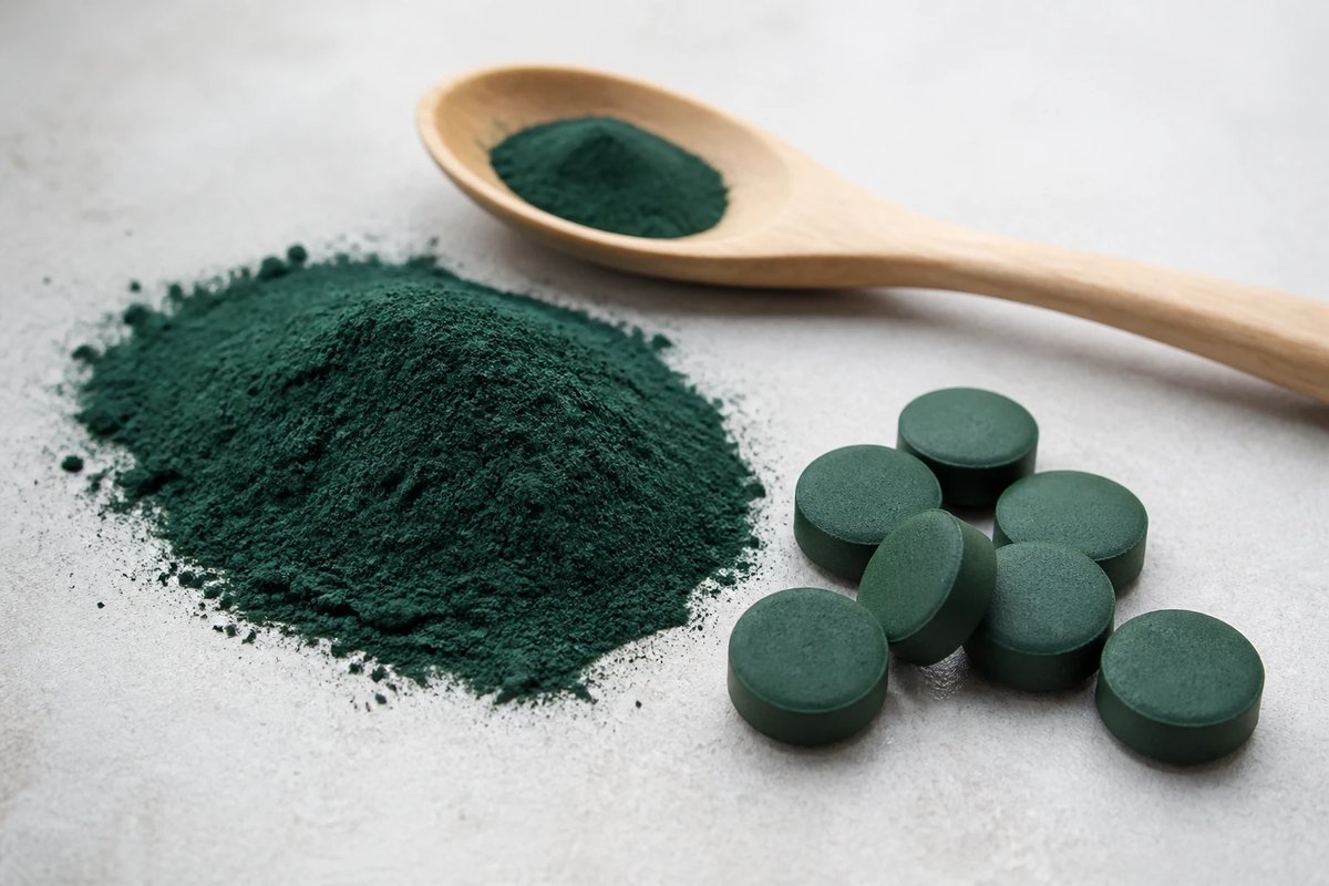Markenneutrale tiefgrüne Spirulina in zwei Formen auf heller Fläche, ein Häufchen feines blau-grünes Algenpulver, ein Holzlöffel mit Pulver und einige schlichte dunkelgrüne Presslinge, ohne Verpackung oder Etikett