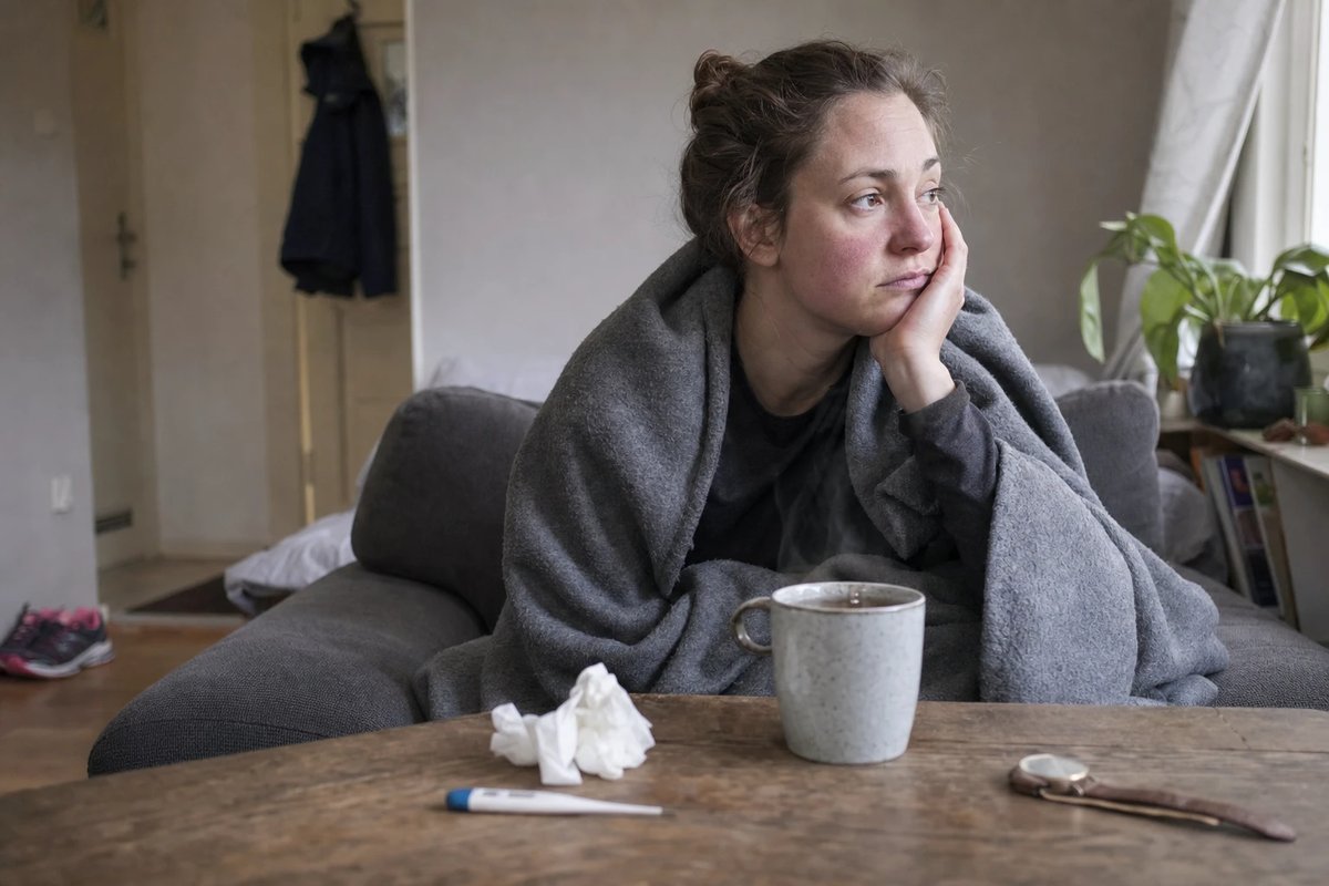 Erkältete Sportlerin sitzt mit Decke, Tee und Fieberthermometer auf dem Sofa, die Laufschuhe stehen ungenutzt an der Tür