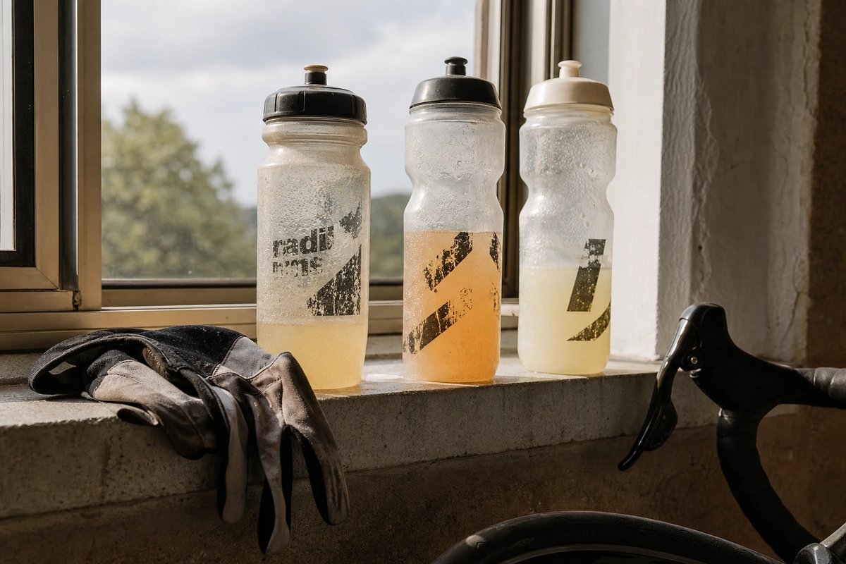 Drei Trinkflaschen mit unterschiedlich trübem Sportgetränk auf einer sonnigen Fensterbank nach einer Radausfahrt, daneben ein verschwitzter Radhandschuh und ein Rennrad