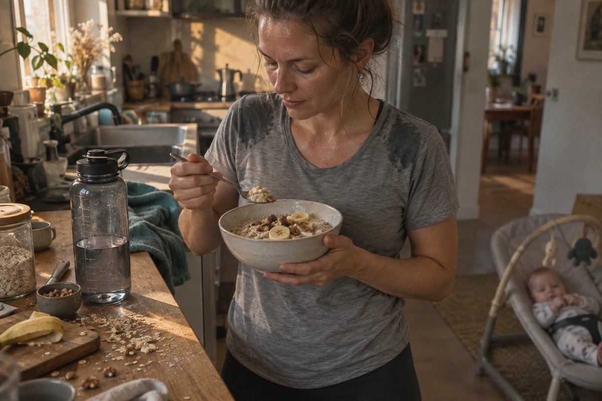 Frau in verschwitztem Trainingsshirt isst nach dem Laufen eine große Schüssel Porridge an der Küchenzeile, daneben eine halbleere Literflasche Wasser, im Hintergrund ein Baby in einer Wippe