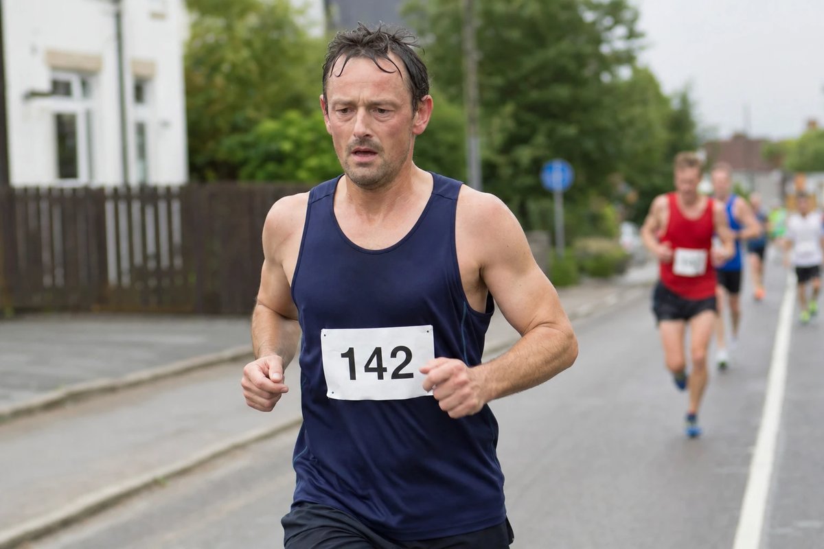 Läufer bei einem lokalen 10-Kilometer-Straßenrennen mit Startnummer, konzentriert im Tempo