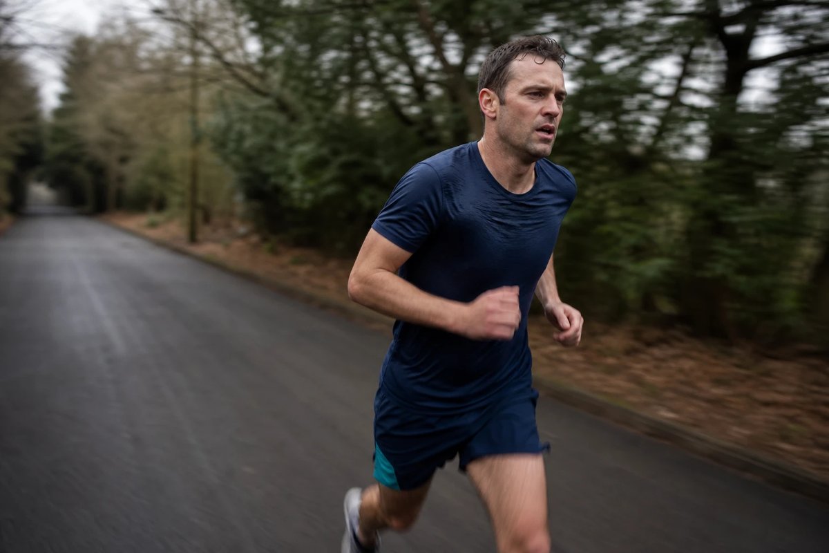 Läufer bei harten VO2max-Intervallen auf einem ruhigen Asphaltweg, sichtbar am oberen Anschlag und dennoch kontrolliert