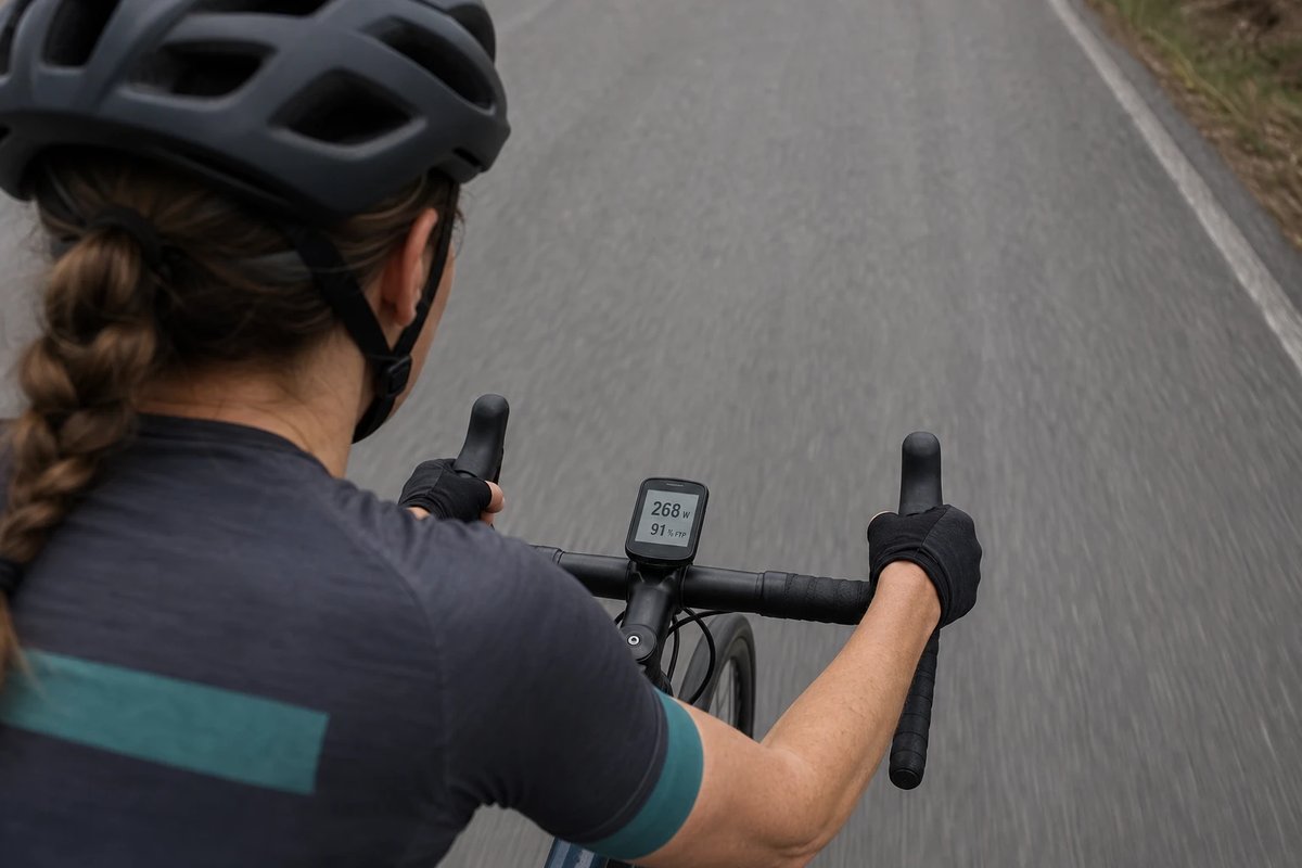 Blick über die Schulter einer Rennradfahrerin mit geschlossenem Helm auf ihren Lenker, der Radcomputer am Vorbau zeigt ihr 268 Watt und 91 Prozent FTP an