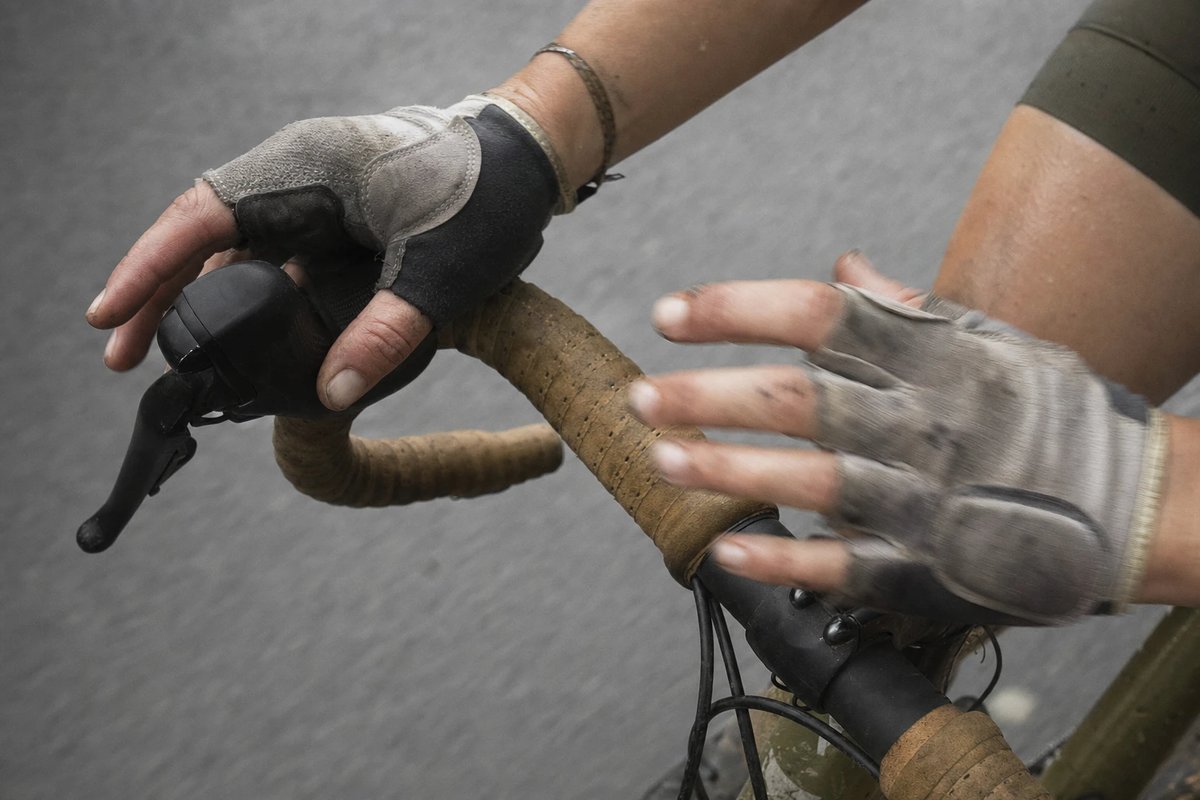 Hände einer Radfahrerin in gepolsterten Halbfinger-Handschuhen auf einem Rennradlenker von oben, eine Hand am Bremsgriff und eine am Oberlenker beim Wechseln der Handposition, dickes Lenkerband