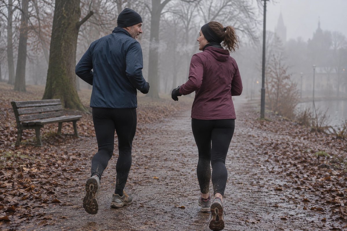 Ein Mann und eine Frau joggen an einem nebligen Herbstmorgen langsam nebeneinander über einen Parkweg mit nassem Laub und unterhalten sich, von schräg hinten fotografiert
