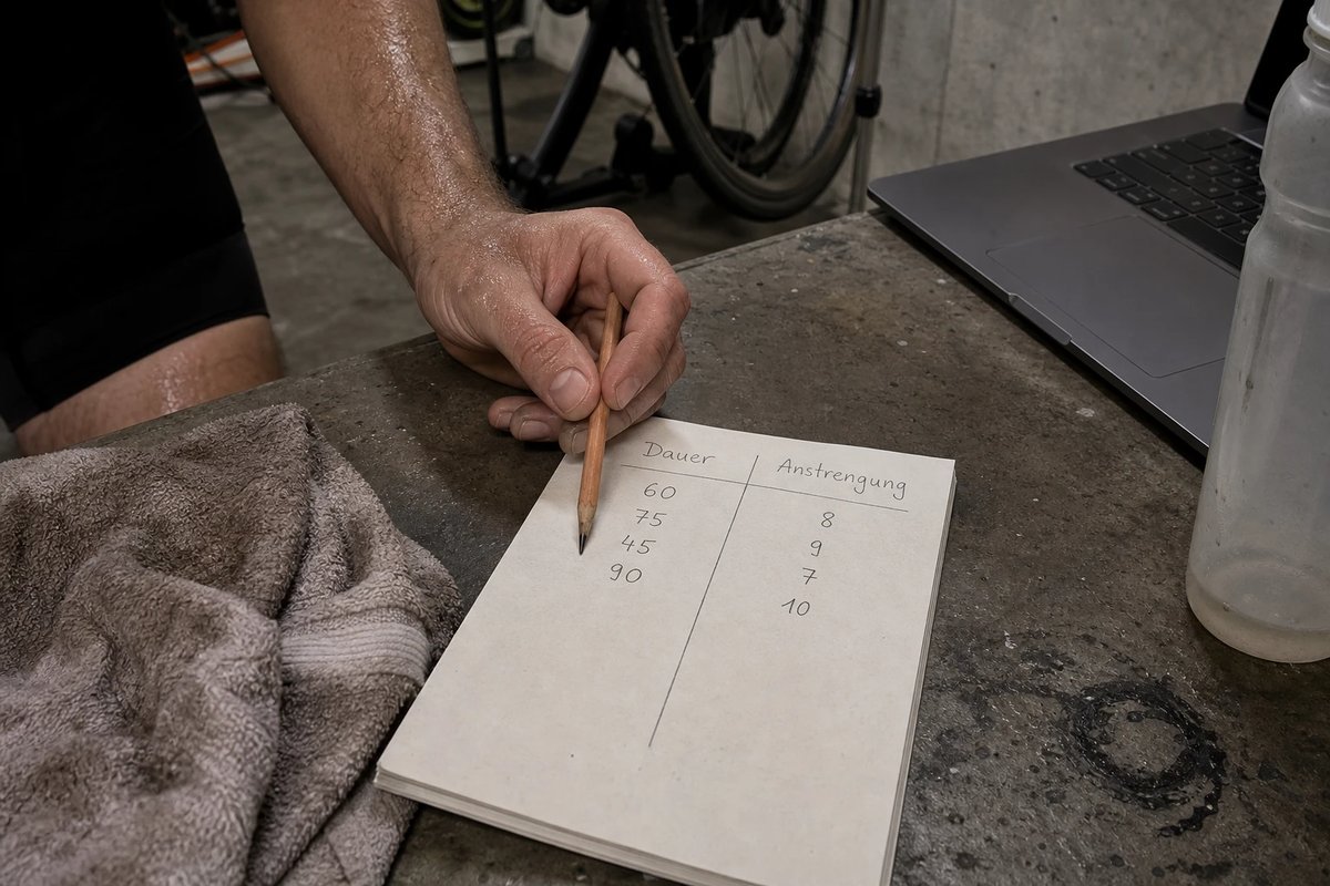 Hand eines Radfahrers nach einer harten Einheit, die mit einem Bleistift Dauer und Anstrengung in ein einfaches Papier-Trainingstagebuch auf einer Werkbank einträgt