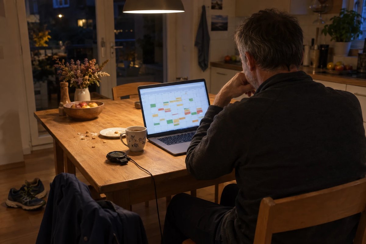 Mann in den Fünfzigern sitzt abends am Küchentisch und schaut auf einen Trainingskalender mit grünen, gelben und roten Feldern im Laptop, daneben Tee, eine Laufuhr am Ladekabel und Laufschuhe auf dem Boden