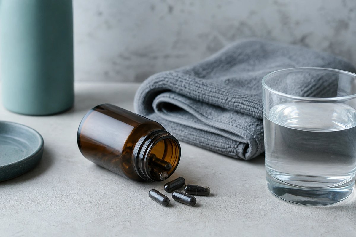 Markenneutrale braune Glasflasche mit einigen dunklen Kapseln, daneben ein gefaltetes graues Sporthandtuch und ein Glas Wasser auf heller Steinfläche, ruhige Aufnahme ohne Verpackung oder Etikett