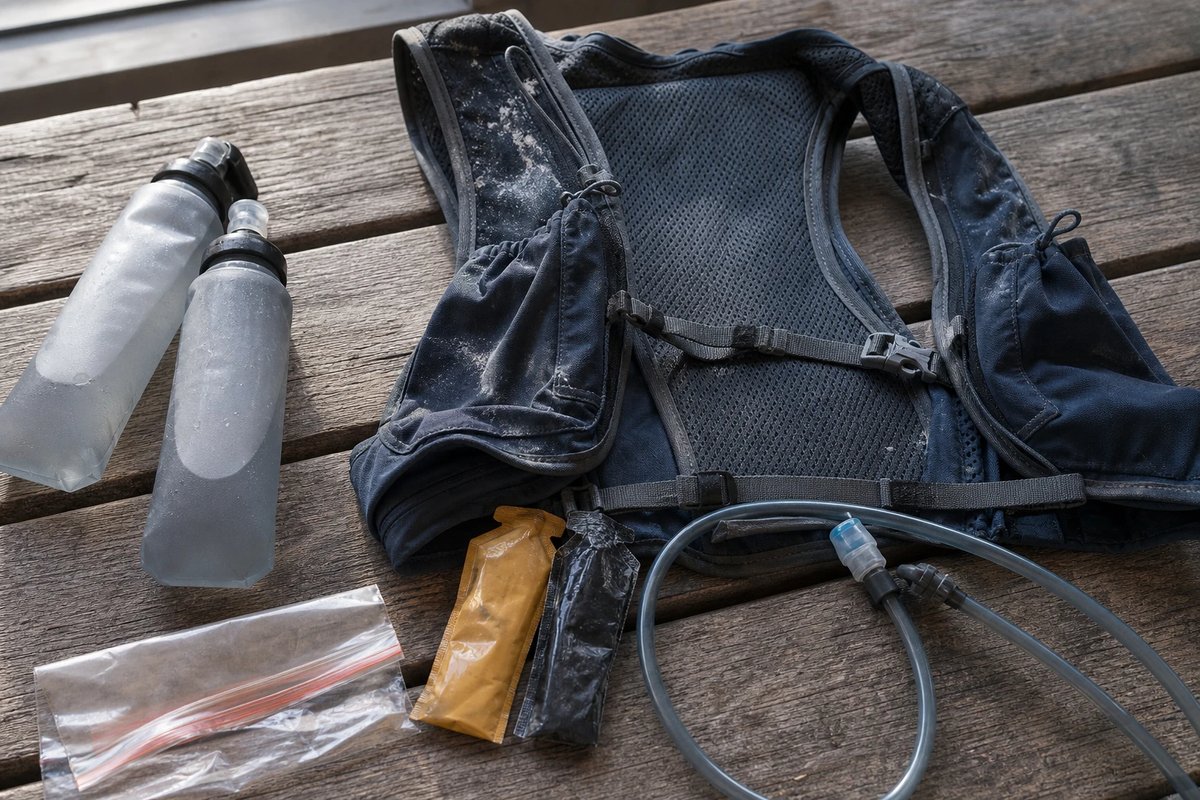 Eine aufgeklappte Laufweste auf einer verwitterten Holzbank, daneben zwei halbvolle Soft-Flasks, der aufgerollte Schlauch einer Trinkblase, zwei Energiegels und ein kleiner Verschlussbeutel