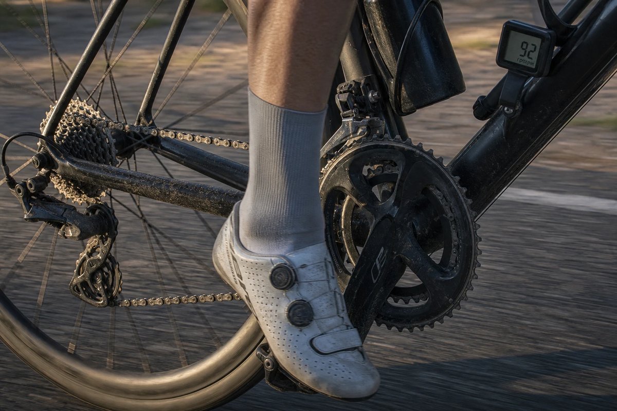Nahaufnahme des Antriebs eines Rennrads von der Seite, ein Schuh ist am unteren Totpunkt eingeklickt, Kassette und Kette sind sichtbar, der Radcomputer am Vorbau zeigt 92 U/min