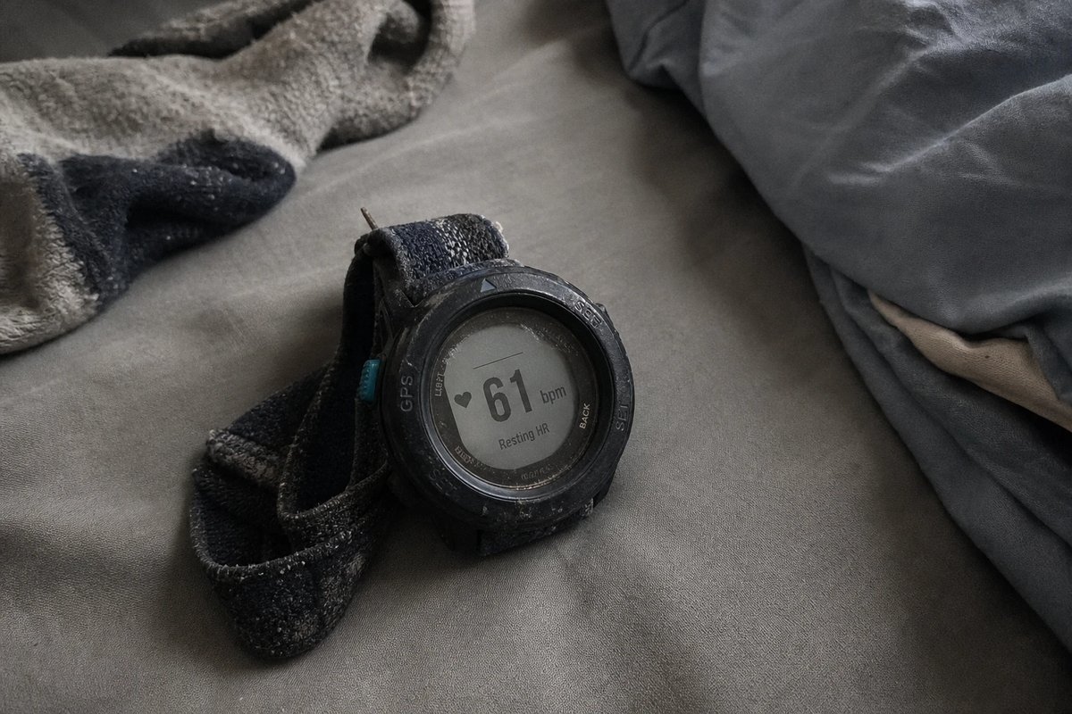 GPS-Sportuhr auf einem zerknitterten grauen Bettlaken am frühen Morgen, die einen erhöhten Ruhepuls von 61 bpm anzeigt, daneben ein salzverkrustetes Armband