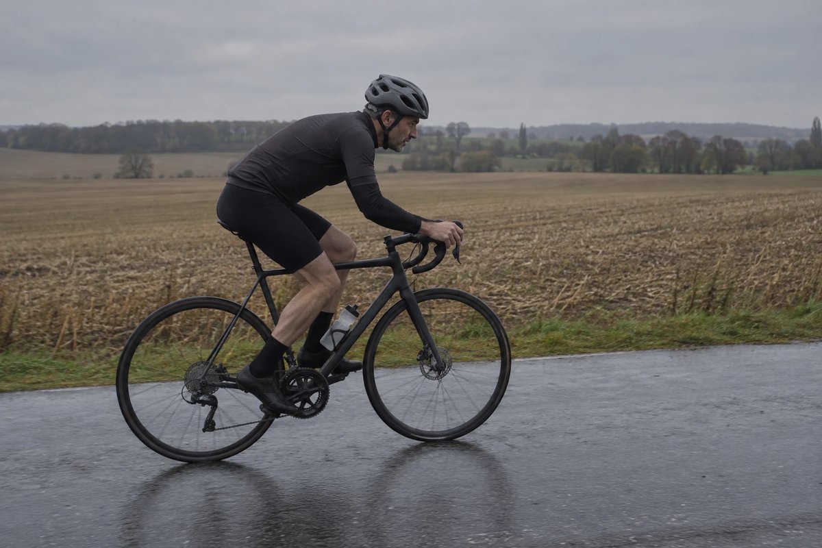 Rennradfahrer mit grauem Helm fährt bei bedecktem Himmel auf nasser Landstraße zwischen abgeernteten Feldern, die Hände auf den Bremsgriffen, der Rücken nach vorn gebeugt