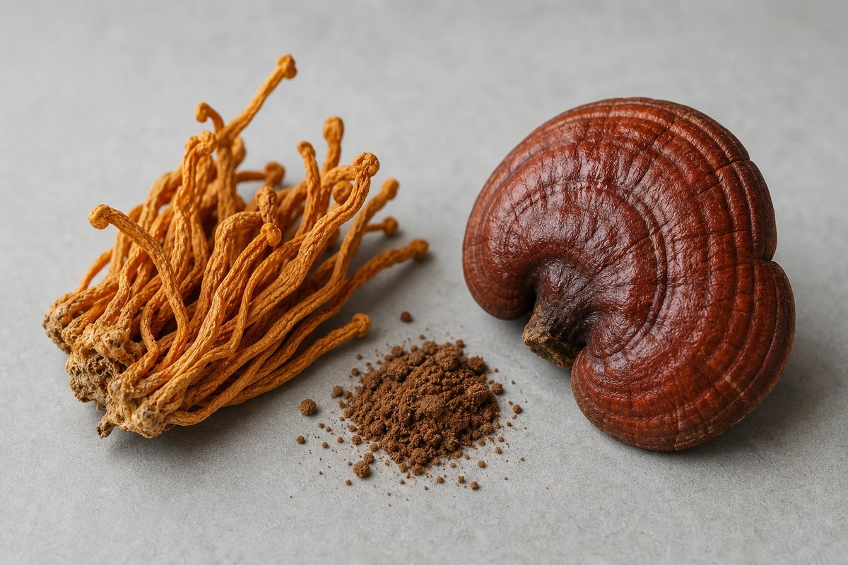 Markenneutrale Nahaufnahme von getrockneten orangefarbenen Cordyceps-Pilzen neben einem holzigen rotbraunen Reishi-Pilz und etwas losem braunem Pulver auf einer ruhigen hellgrauen Fläche, ohne Verpackung oder Etikett
