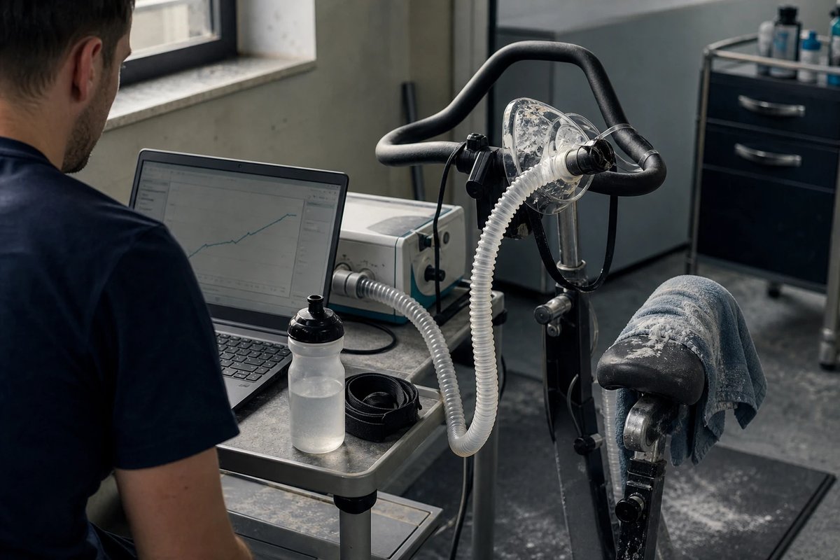 Spiroergometrie-Aufbau in einem Belastungslabor: ein metabolischer Messwagen und ein Laptop mit einer schwach erkennbaren Sauerstoffaufnahme-Kurve, daneben ein Schlauch und eine beschlagene Atemmaske auf dem Ergometer
