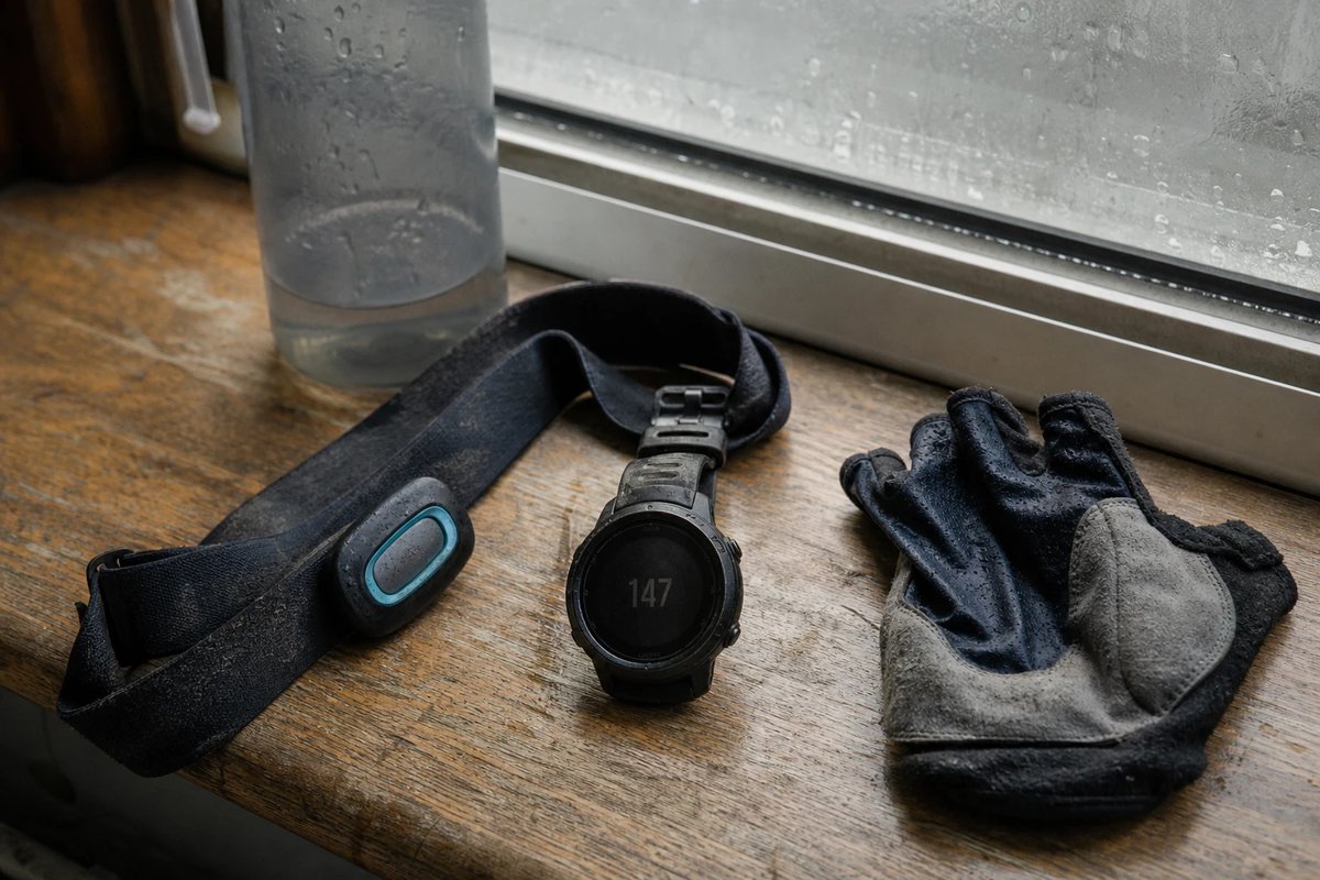 Verschwitzter Brustgurt zur Herzfrequenzmessung und eine GPS-Sportuhr mit der Anzeige 147 auf einer hölzernen Fensterbank nach einer langen Ausfahrt, daneben eine halbleere Trinkflasche und ein feuchter Radhandschuh