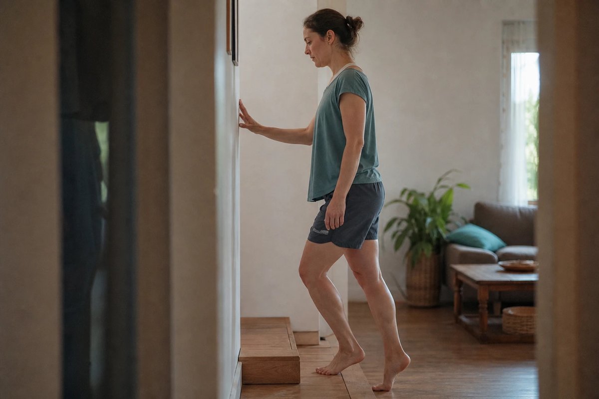 Frau führt zu Hause an einer Stufe einen langsamen einbeinigen Wadenheber als Reha-Übung aus, eine Hand stützt sich leicht an der Wand ab