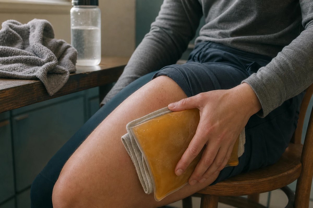 Person hält nach dem Training ein warmes Gel-Warmpack mit einer Stofflage dazwischen gegen den vorderen Oberschenkel, daneben auf dem Tisch eine Wasserflasche und ein Handtuch
