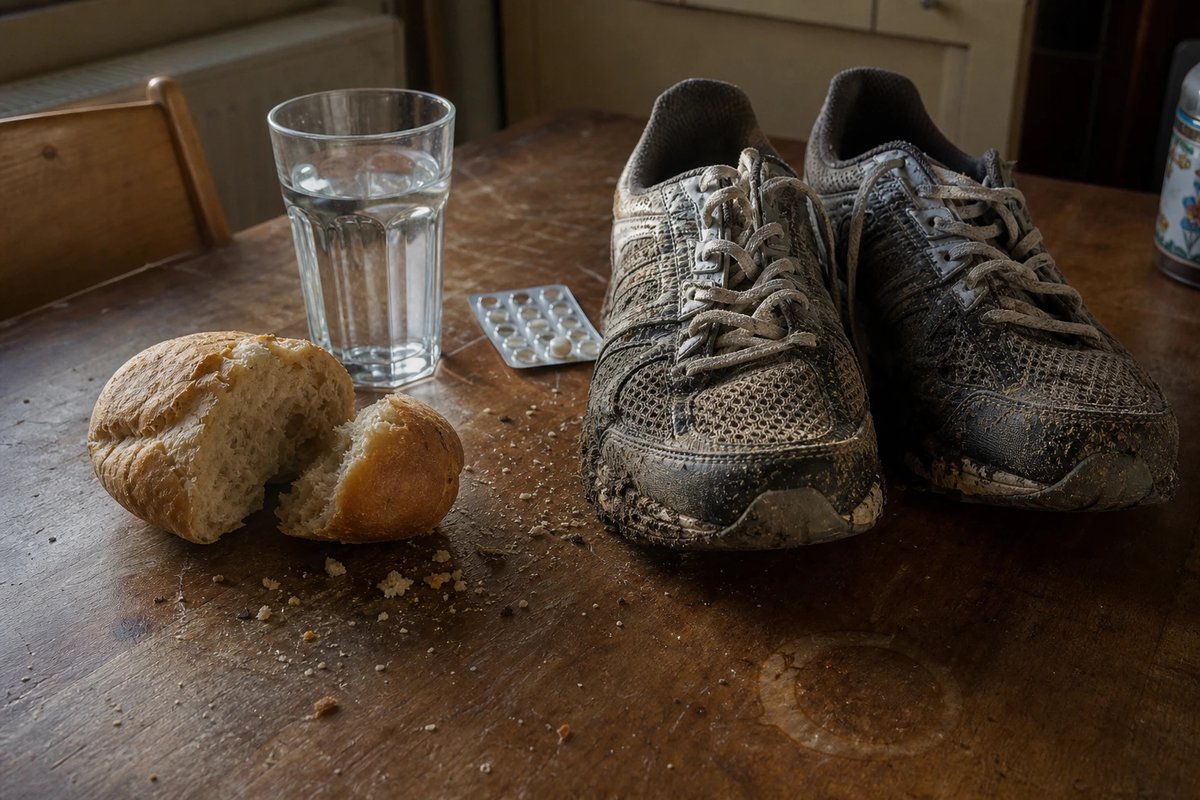 Stillleben auf einem Holztisch: ein aufgebrochenes Brötchen, ein Glas Wasser, eine Blisterpackung Tabletten und ein Paar verschmutzte Laufschuhe nebeneinander im Morgenlicht