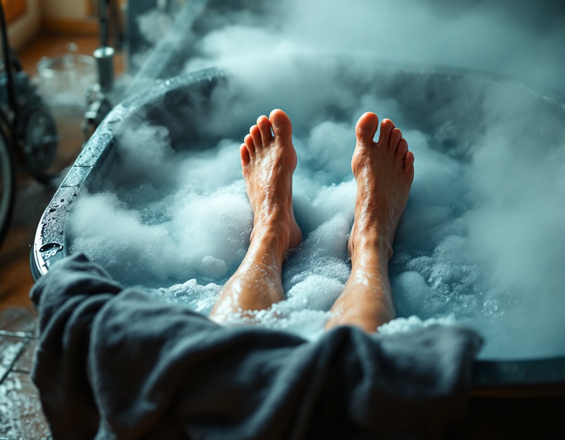 Unterschenkel und Füße einer Person, halb eingetaucht in dampfendes heißes Wasser in einer Recovery-Wanne, daneben am Bildrand eine zweite Wanne mit kaltem Wasser