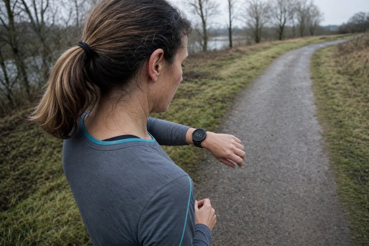 Läuferin steht auf einem Schotterweg und schaut während einer Geh-Lauf-Einheit auf ihre GPS-Uhr am Handgelenk