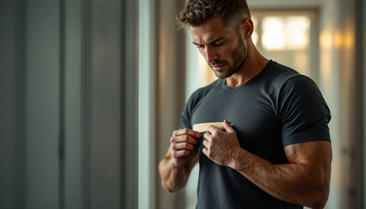 Läufer klebt sich vor dem Lauf ein hautfarbenes Tape über die Brust auf das Shirt, um die Brustwarze vor Scheuern zu schützen