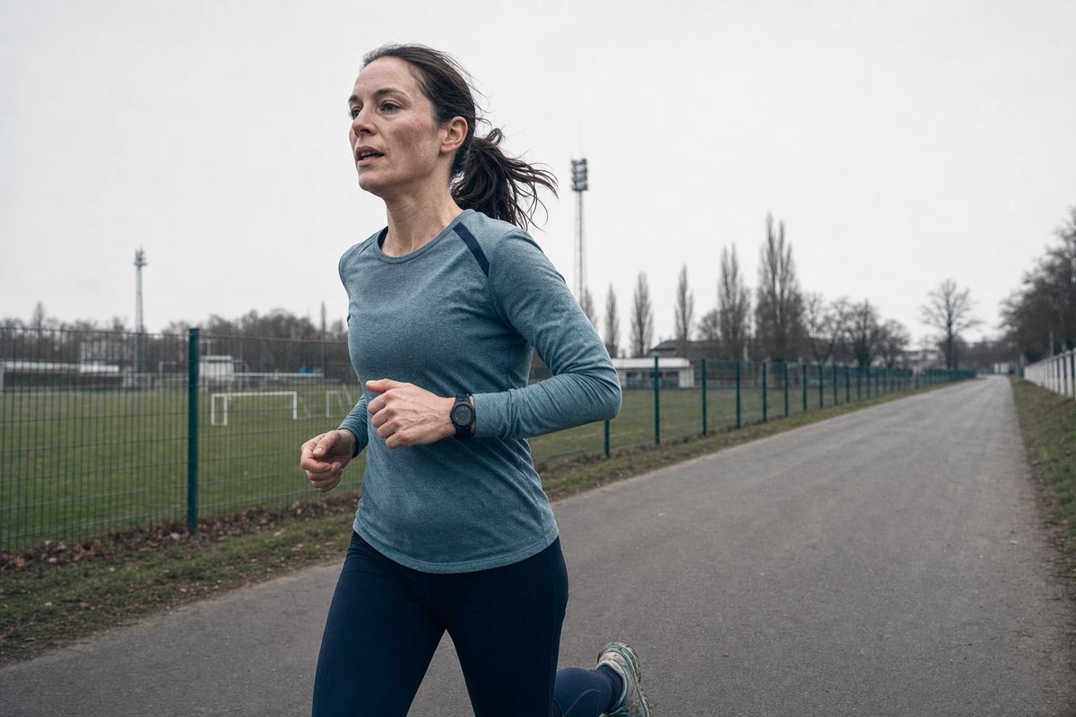 Läuferin in teal-grauem Langarmtrikot bei einem kontrollierten Schwellen-Tempolauf auf einem flachen Asphaltweg neben einem Sportplatz an einem bedeckten Nachmittag, von der Seite gesehen