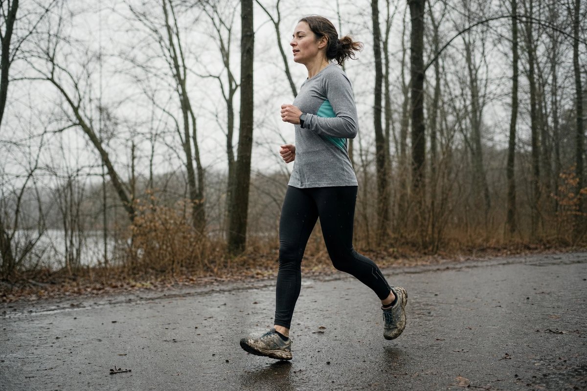 Läuferin auf einem lockeren Regenerationslauf zwischen zwei Trainingsblöcken auf einem feuchten grauen Parkweg, entspannter Schritt