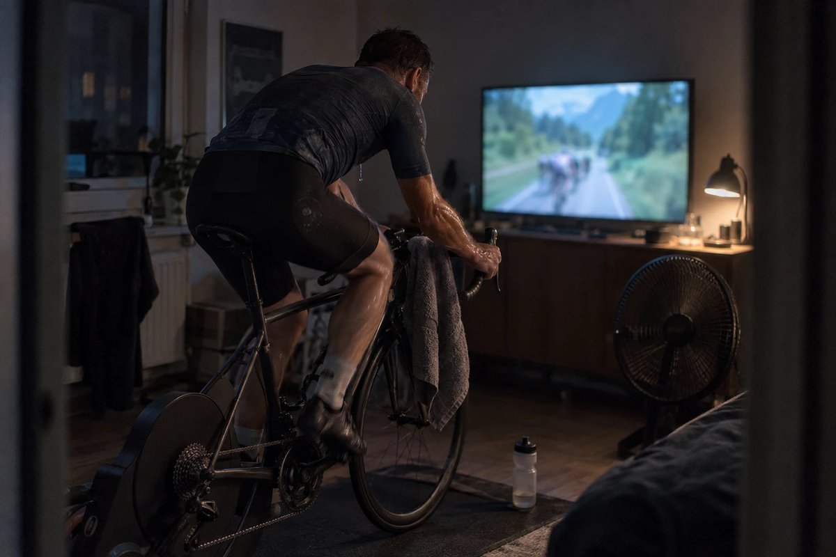 Radfahrer von hinten auf einem Smarttrainer in einem abgedunkelten Wohnzimmer, schweißnasses Trikot, Handtuch über dem Oberrohr, vor ihm ein Fernseher mit einer unscharfen virtuellen Straße und einer Gruppe von Fahrern, daneben ein Ventilator
