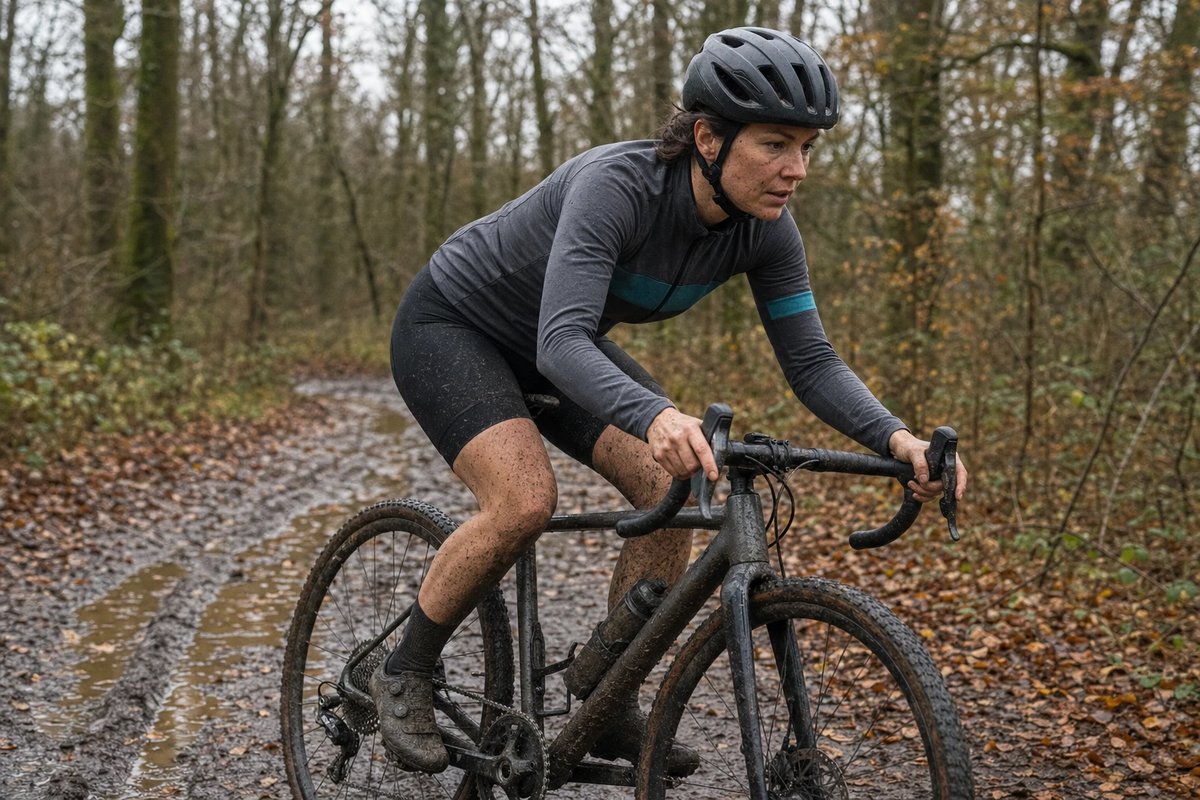 Gravel-Fahrerin mit geschlossenem Helm fährt auf einem verschlammten Waldweg mit tiefen Fahrrinnen, das Rad ist von der Antriebsseite mit einem Kettenblatt zu sehen