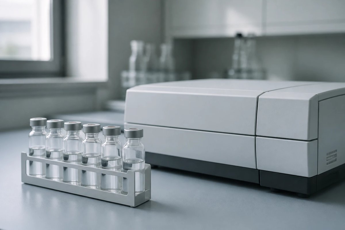 Klare Glasröhrchen mit Atemgasproben in einem Ständer neben einem Laborgerät zur Isotopenanalyse