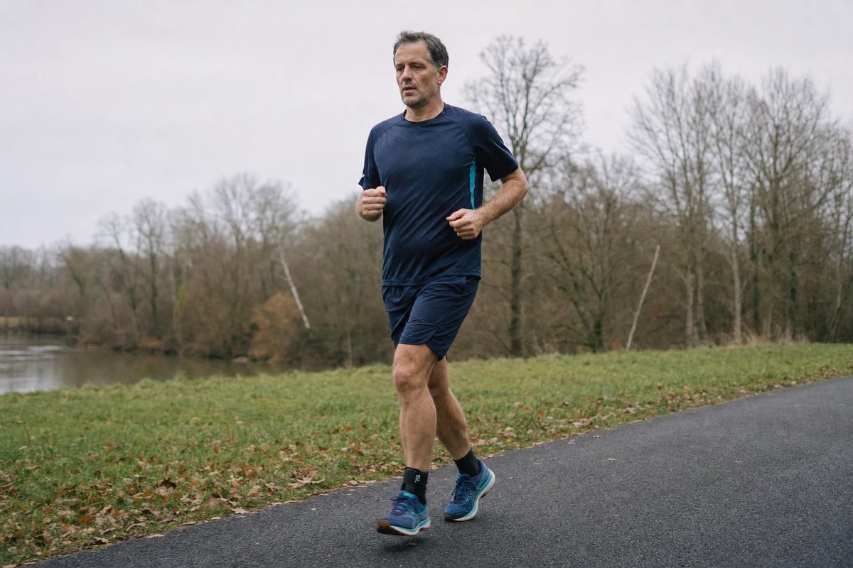 Läufer in der späten Reha-Phase joggt vorsichtig die ersten lockeren Intervalle auf einem flachen, ebenen Asphaltweg, eine Knöchelorthese ist über dem Laufschuh zu erkennen
