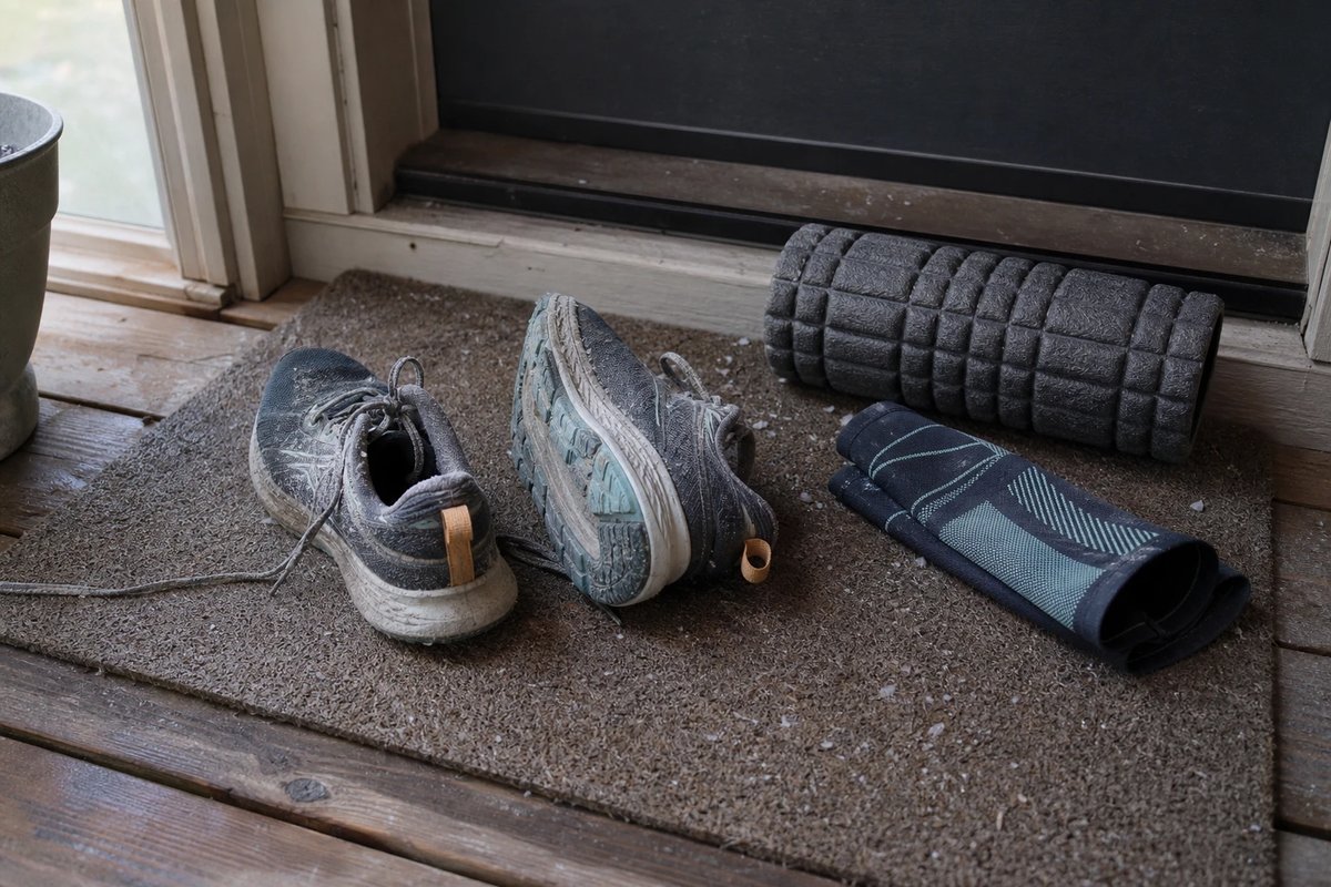 Ein Paar abgenutzte Laufschuhe auf einer Fußmatte an der Tür, daneben eine Faszienrolle und eine zusammengerollte Wadenkompressionsstulpe